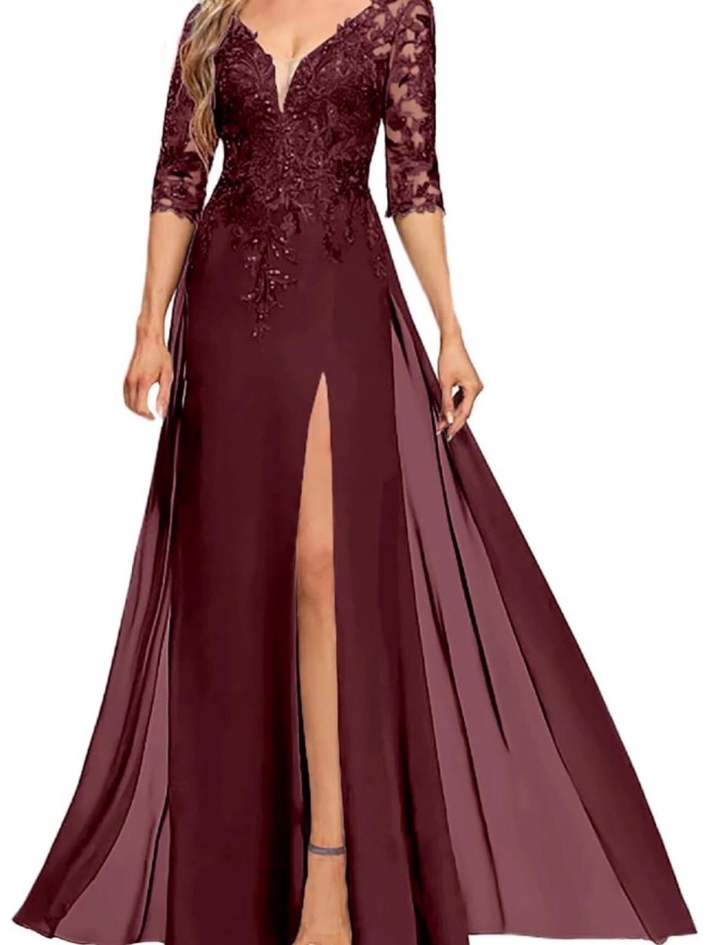 Elegant Burgundy Lace Appliqué Evening Gown